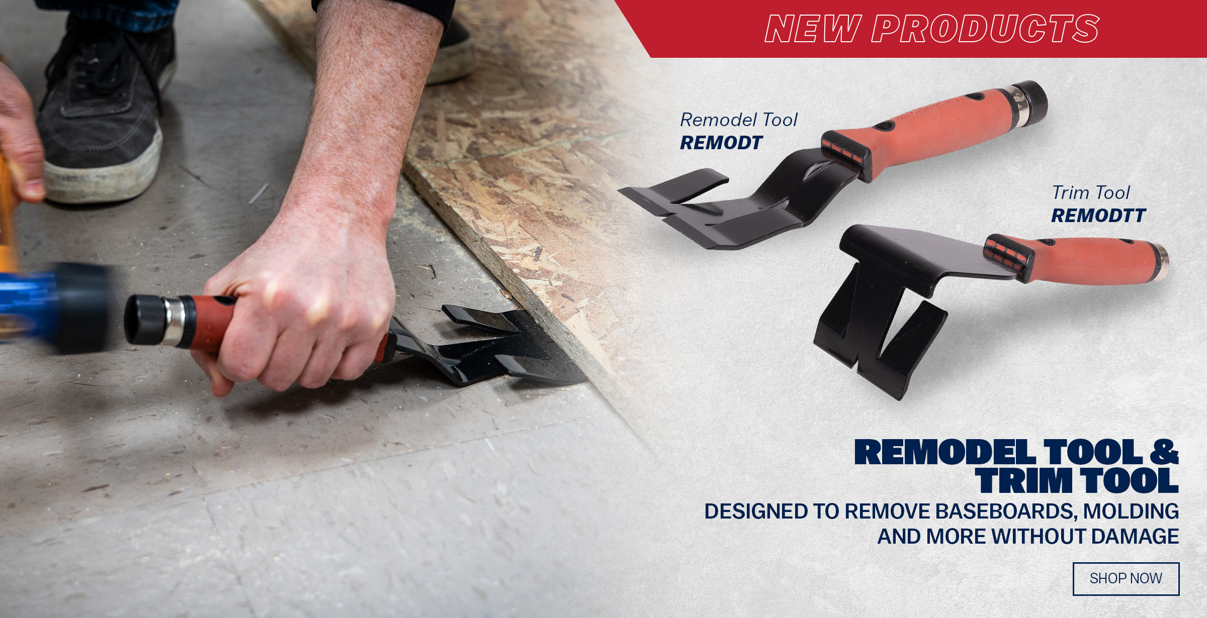 a new product announcement the new Marshalltown Remodel Tool and Trim Tool; a man is shown hitting the tool with a hammer to pry up flooring